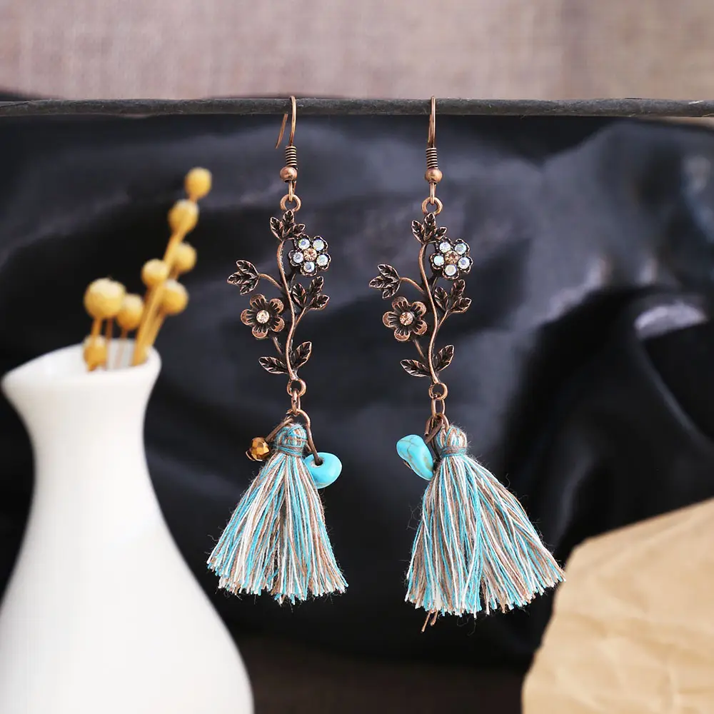 Retro Bohemian Earrings Turquoise Carved Owl Dream Catcher Feather Tassel Earrings Cross-Border Jewelry