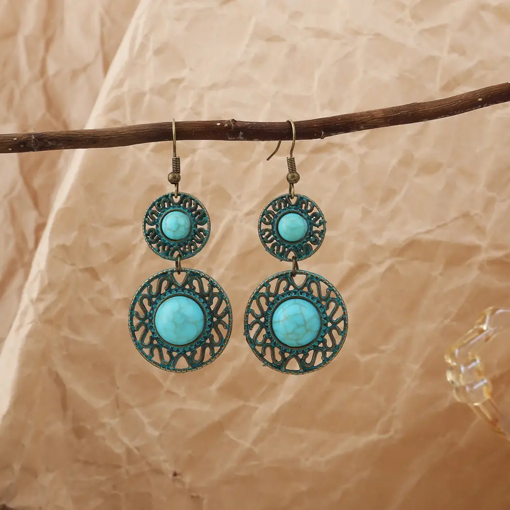 Retro Bohemian Earrings Turquoise Carved Owl Dream Catcher Feather Tassel Earrings Cross-Border Jewelry