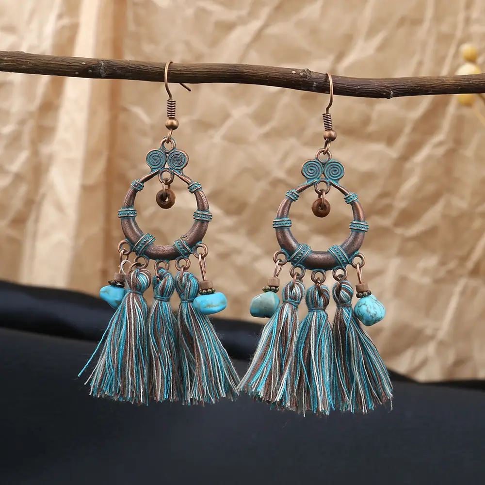 Retro Bohemian Earrings Turquoise Carved Owl Dream Catcher Feather Tassel Earrings Cross-Border Jewelry