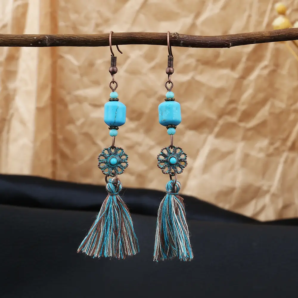 Retro Bohemian Earrings Turquoise Carved Owl Dream Catcher Feather Tassel Earrings Cross-Border Jewelry