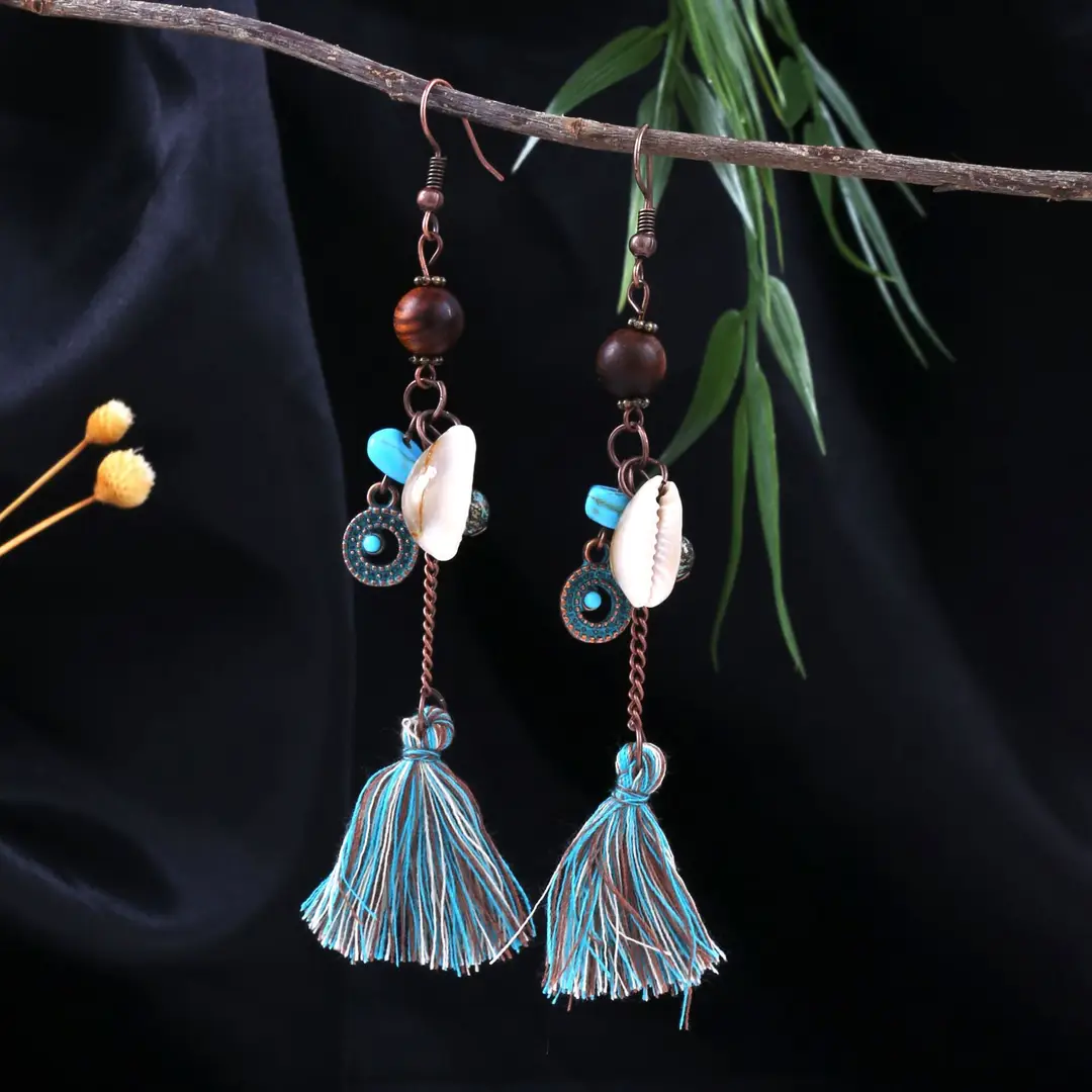 Retro Bohemian Earrings Turquoise Carved Owl Dream Catcher Feather Tassel Earrings Cross-Border Jewelry