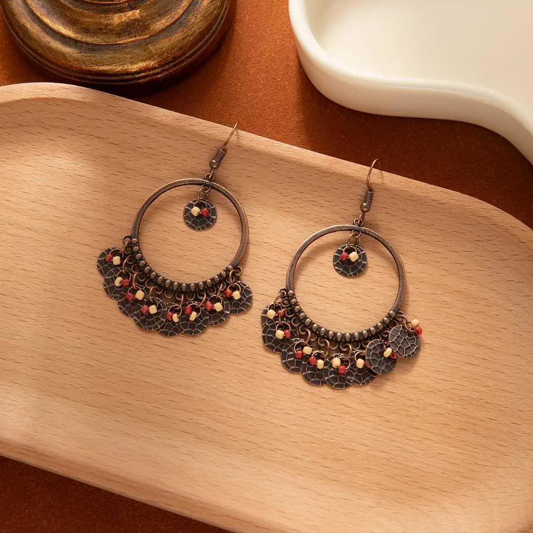 Retro Bohemian Earrings Turquoise Carved Owl Dream Catcher Feather Tassel Earrings Cross-Border Jewelry