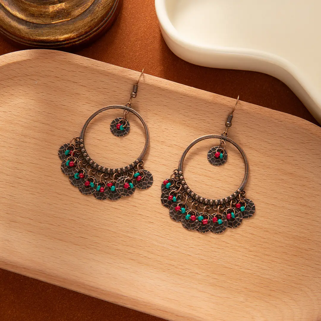Retro Bohemian Earrings Turquoise Carved Owl Dream Catcher Feather Tassel Earrings Cross-Border Jewelry