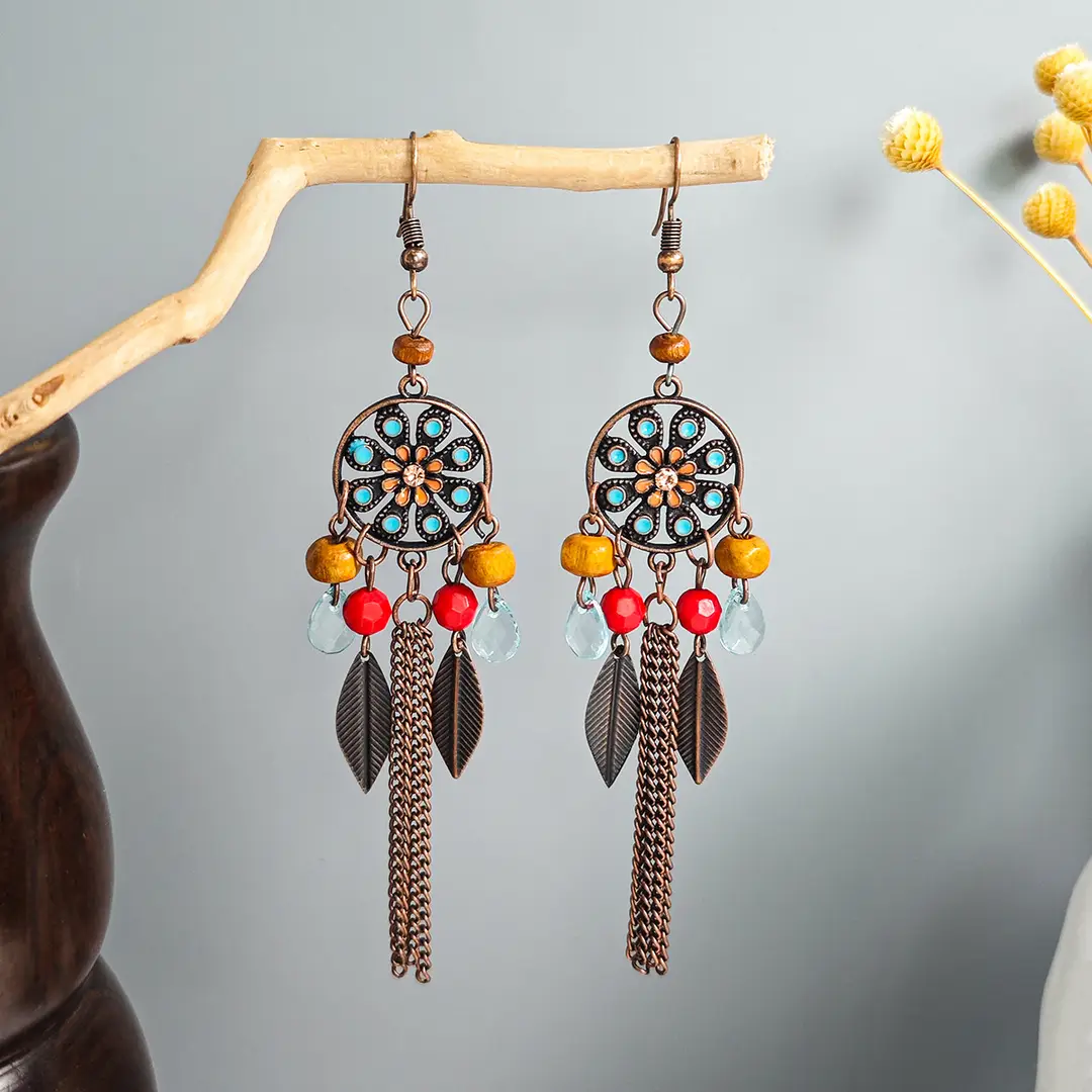 Retro Bohemian Earrings Turquoise Carved Owl Dream Catcher Feather Tassel Earrings Cross-Border Jewelry