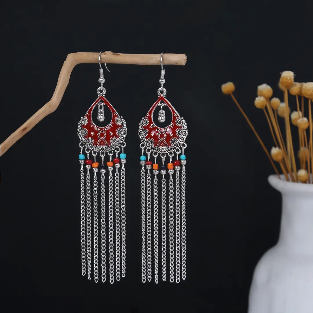 Retro Bohemian Earrings Turquoise Carved Owl Dream Catcher Feather Tassel Earrings Cross-Border Jewelry