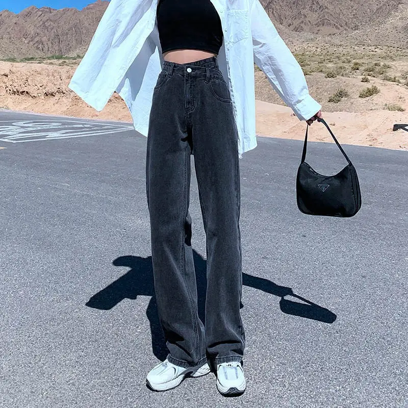 Women Loose Straight Leg Jeans High Waist New Crossed