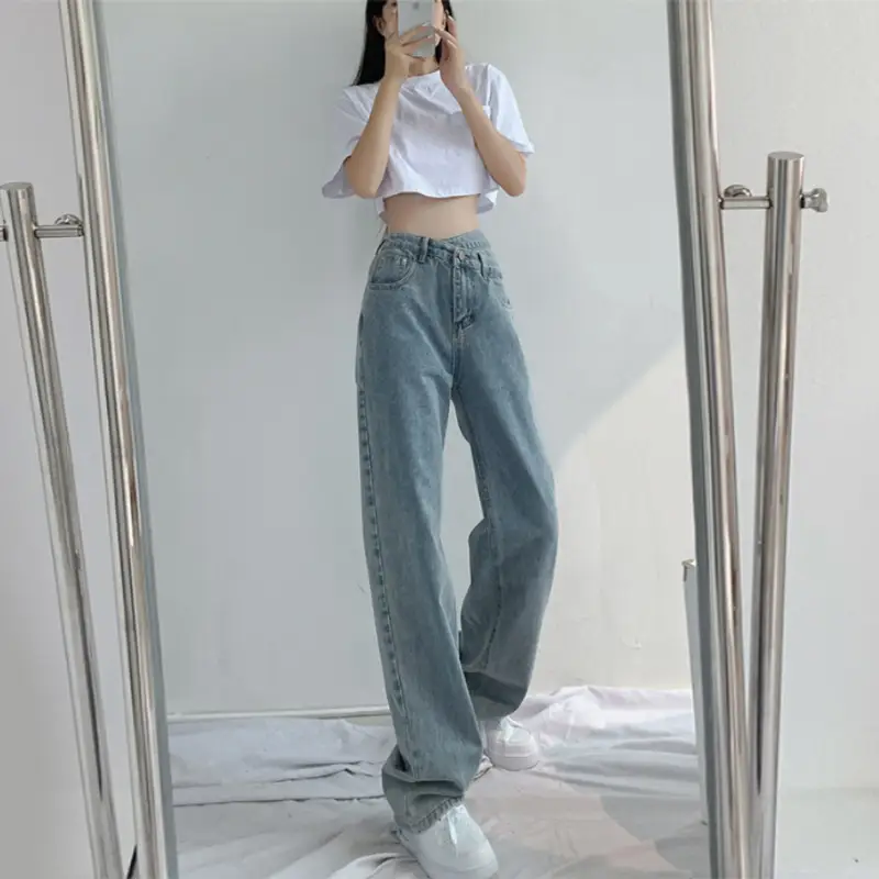 Women Loose Straight Leg Jeans High Waist New Crossed