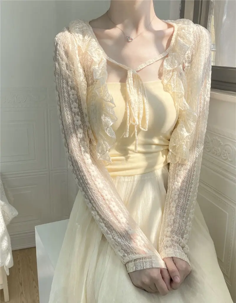 Lace-Up Lace Cardigan-Apricot