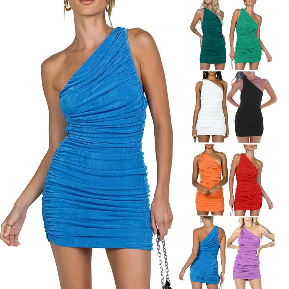 2022 Summer Sexy Slant Shoulder Pleated Dress - Image 5