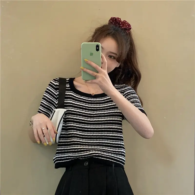 Women Black White Striped Knit T-Shirt Short Sleeve Summer 2025 - Image 3