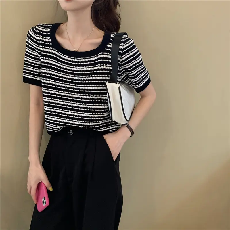 Women Black White Striped Knit T-Shirt Short Sleeve Summer 2025 - Image 4