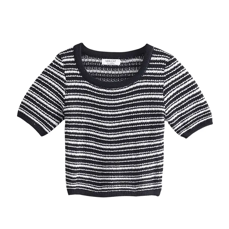 Women Black White Striped Knit T-Shirt Short Sleeve Summer 2025 - Image 6
