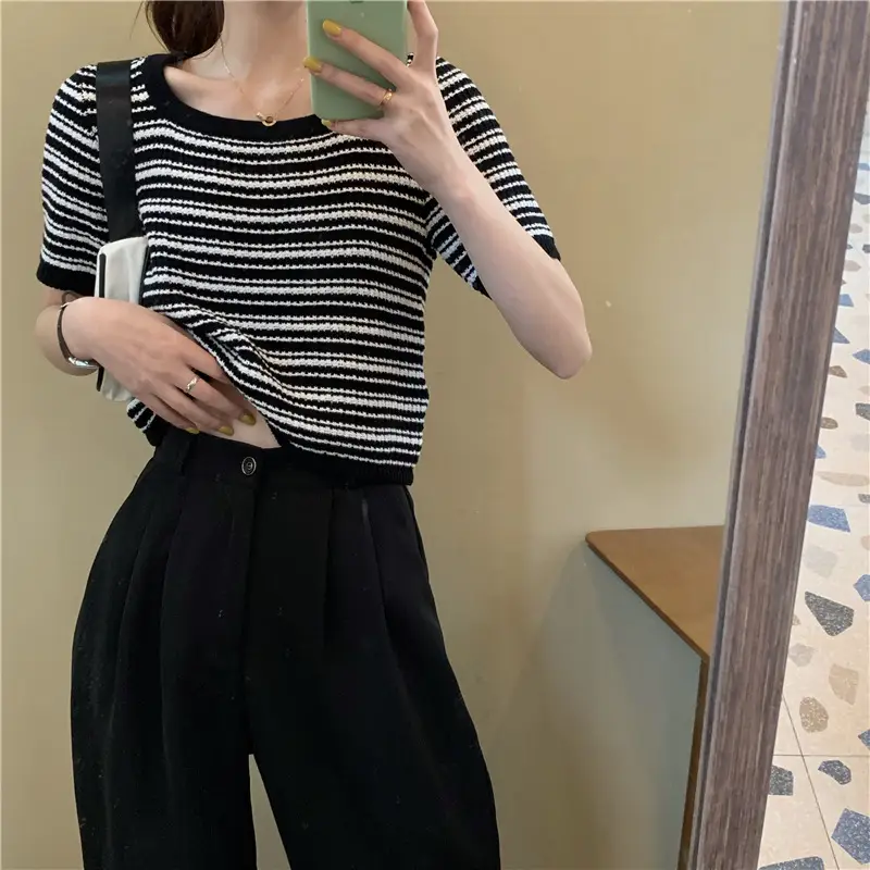 Women Black White Striped Knit T-Shirt Short Sleeve Summer 2025 — feature 10