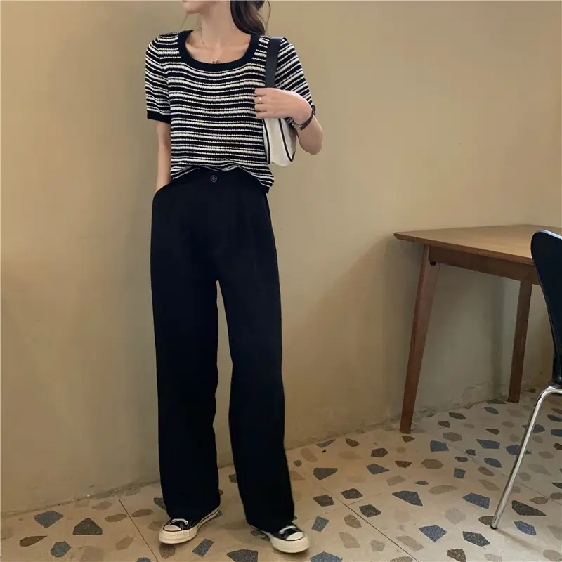Women Black White Striped Knit T-Shirt Short Sleeve Summer 2025 — feature 12