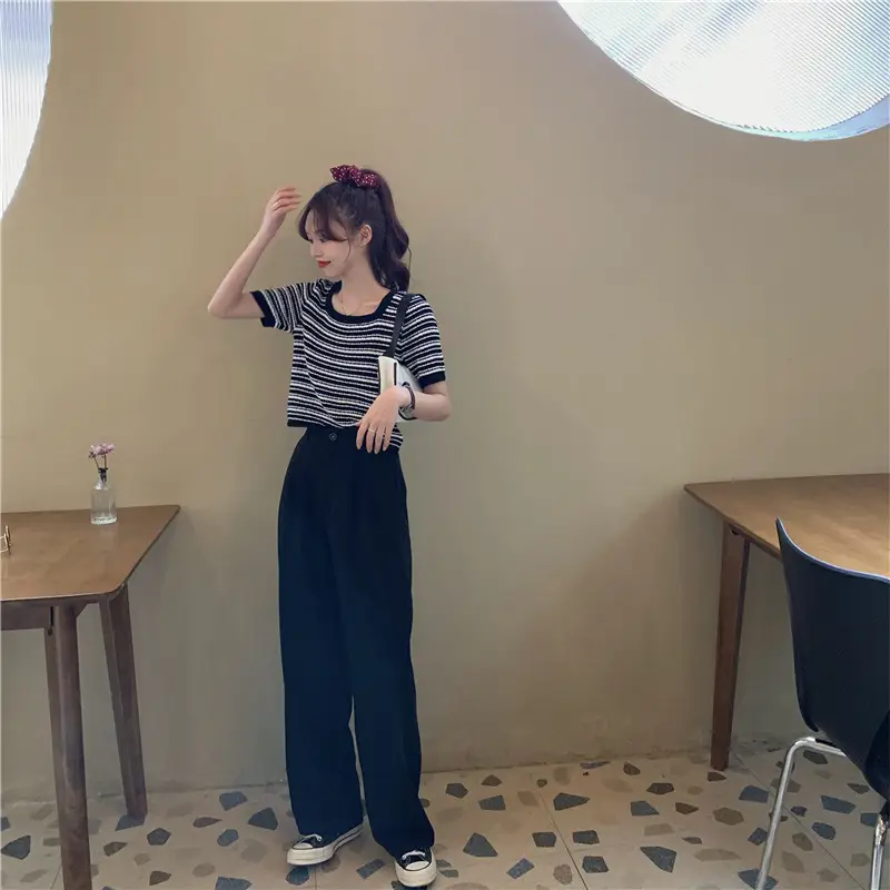 Women Black White Striped Knit T-Shirt Short Sleeve Summer 2025 — feature 13