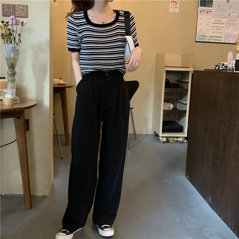 Women Black White Striped Knit T-Shirt Short Sleeve Summer 2025 — feature 14