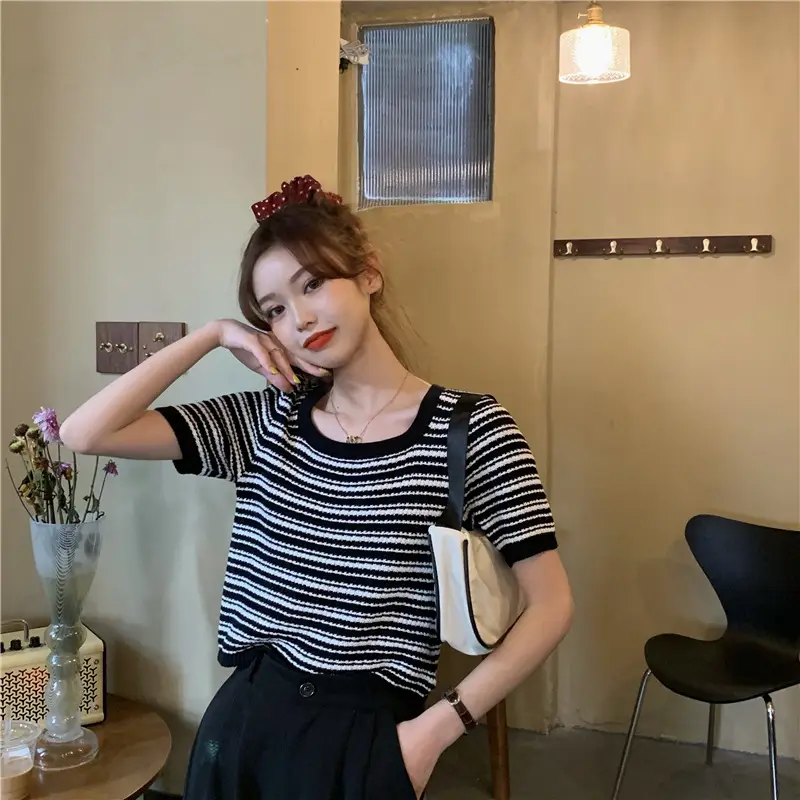Women Black White Striped Knit T-Shirt Short Sleeve Summer 2025 — feature 2