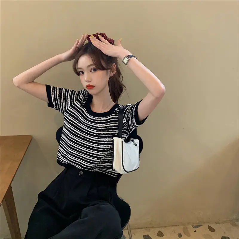Women Black White Striped Knit T-Shirt Short Sleeve Summer 2025 — feature 4