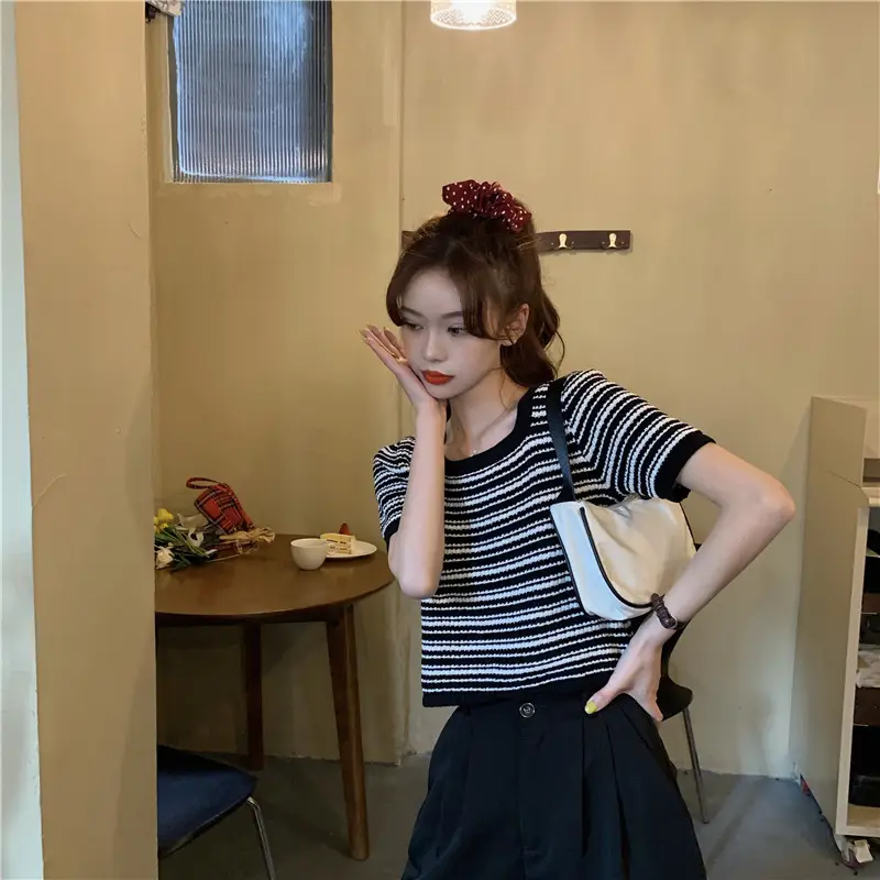 Women Black White Striped Knit T-Shirt Short Sleeve Summer 2025 — feature 6