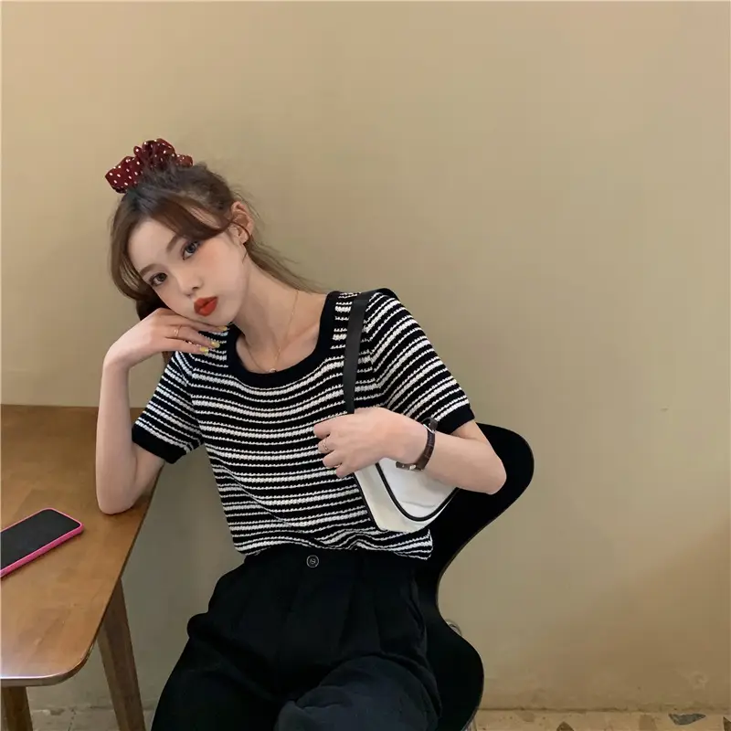 Women Black White Striped Knit T-Shirt Short Sleeve Summer 2025 — feature 7