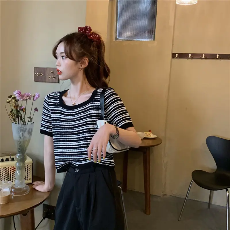Women Black White Striped Knit T-Shirt Short Sleeve Summer 2025 — feature 8