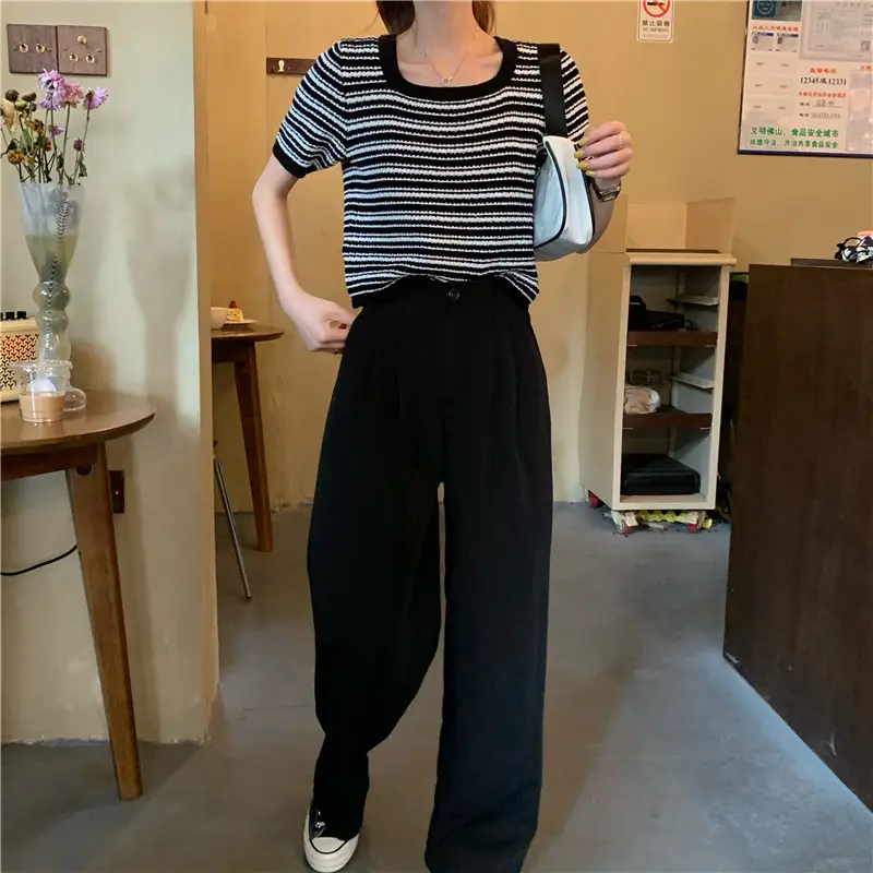 Women Black White Striped Knit T-Shirt Short Sleeve Summer 2025 — feature 9
