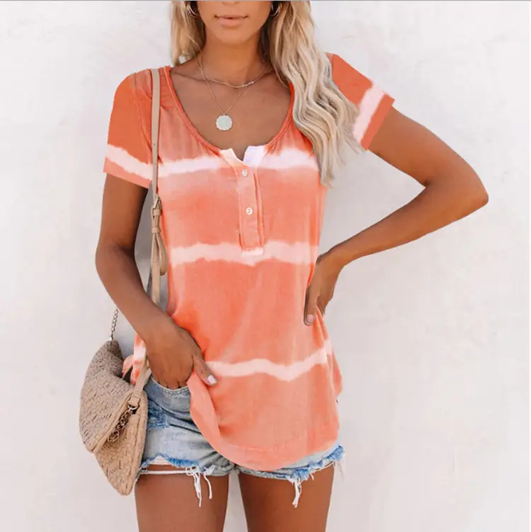 Purple Tie-Dye V Neck Button T-Shirt for Women - Image 9