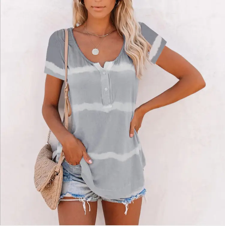 Purple Tie-Dye V Neck Button T-Shirt for Women - Image 11