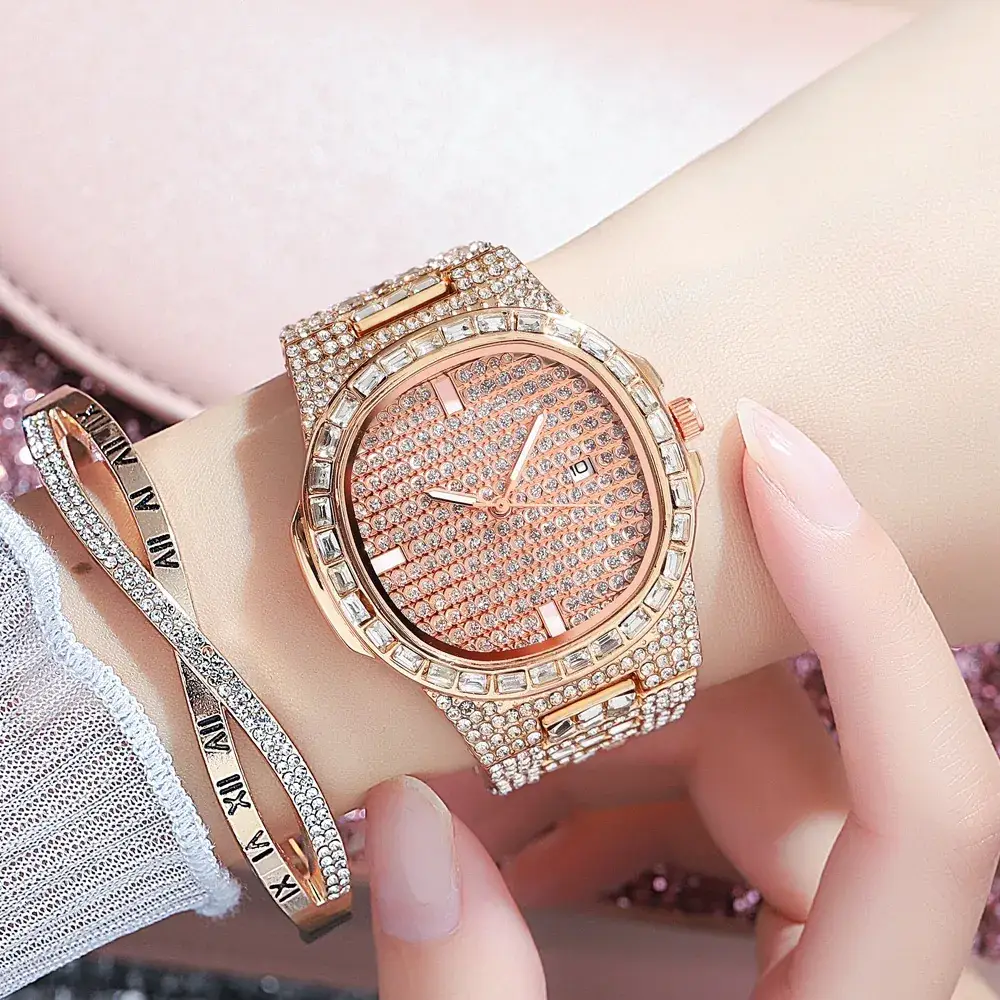 Full Diamond Rhinestone Ladies Watch with Calendar & Quartz