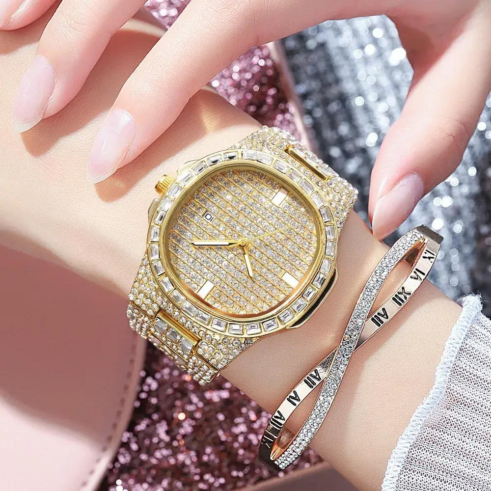 Full Diamond Rhinestone Ladies Watch with Calendar & Quartz