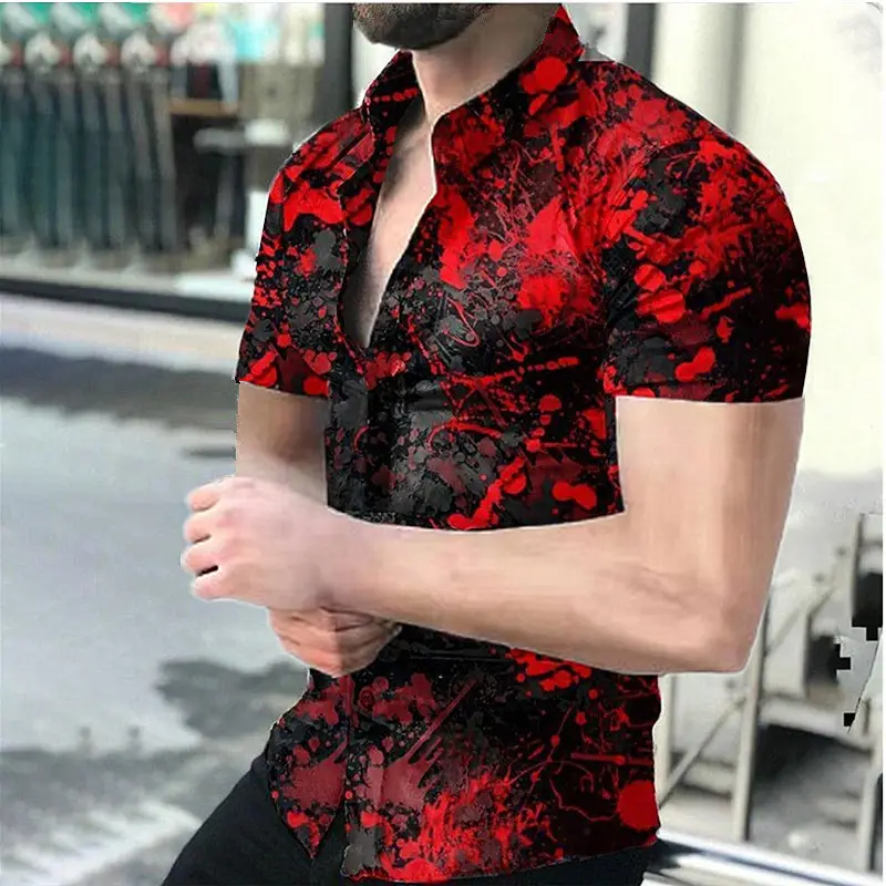 2025 Men's Printed Short Sleeve Shirt Black White Geometric Large