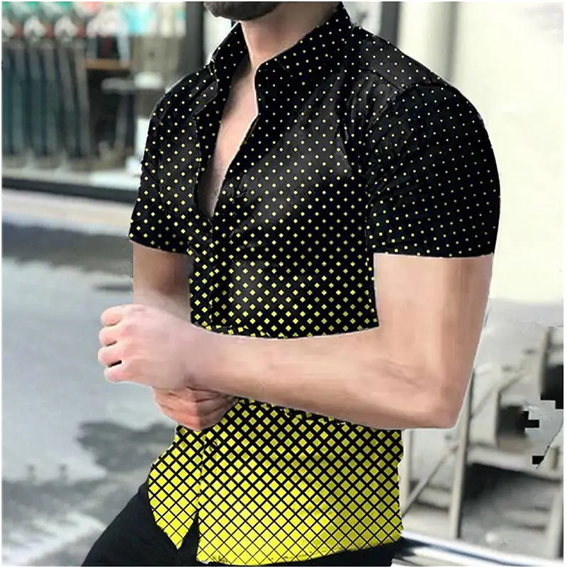 2025 Men's Printed Short Sleeve Shirt Black White Geometric Large