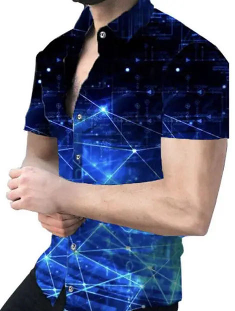 2025 Men's Printed Short Sleeve Shirt Black White Geometric Large