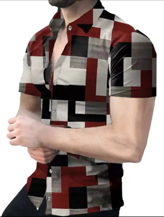 2025 Men's Printed Short Sleeve Shirt Black White Geometric Large