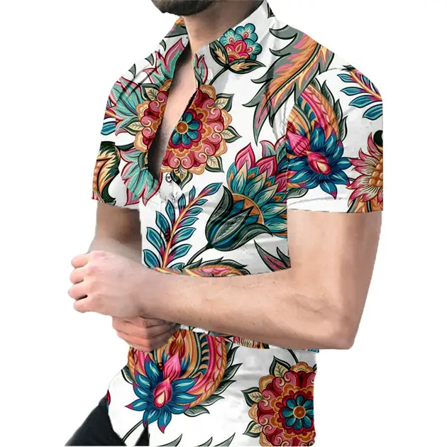 2025 Men's Printed Short Sleeve Shirt Black White Geometric Large