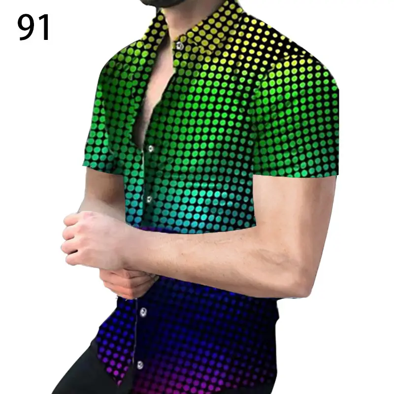 2025 Men's Printed Short Sleeve Shirt Black White Geometric Large
