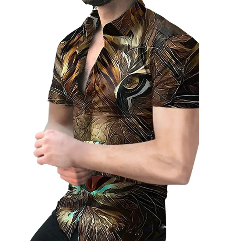 2025 Men's Printed Short Sleeve Shirt Black White Geometric Large