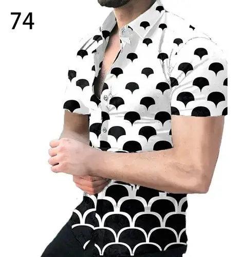 2025 Men's Printed Short Sleeve Shirt Black White Geometric Large