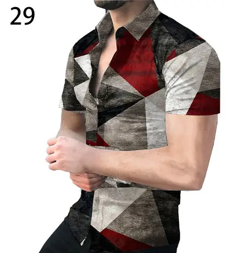 2025 Men's Printed Short Sleeve Shirt Black White Geometric Large