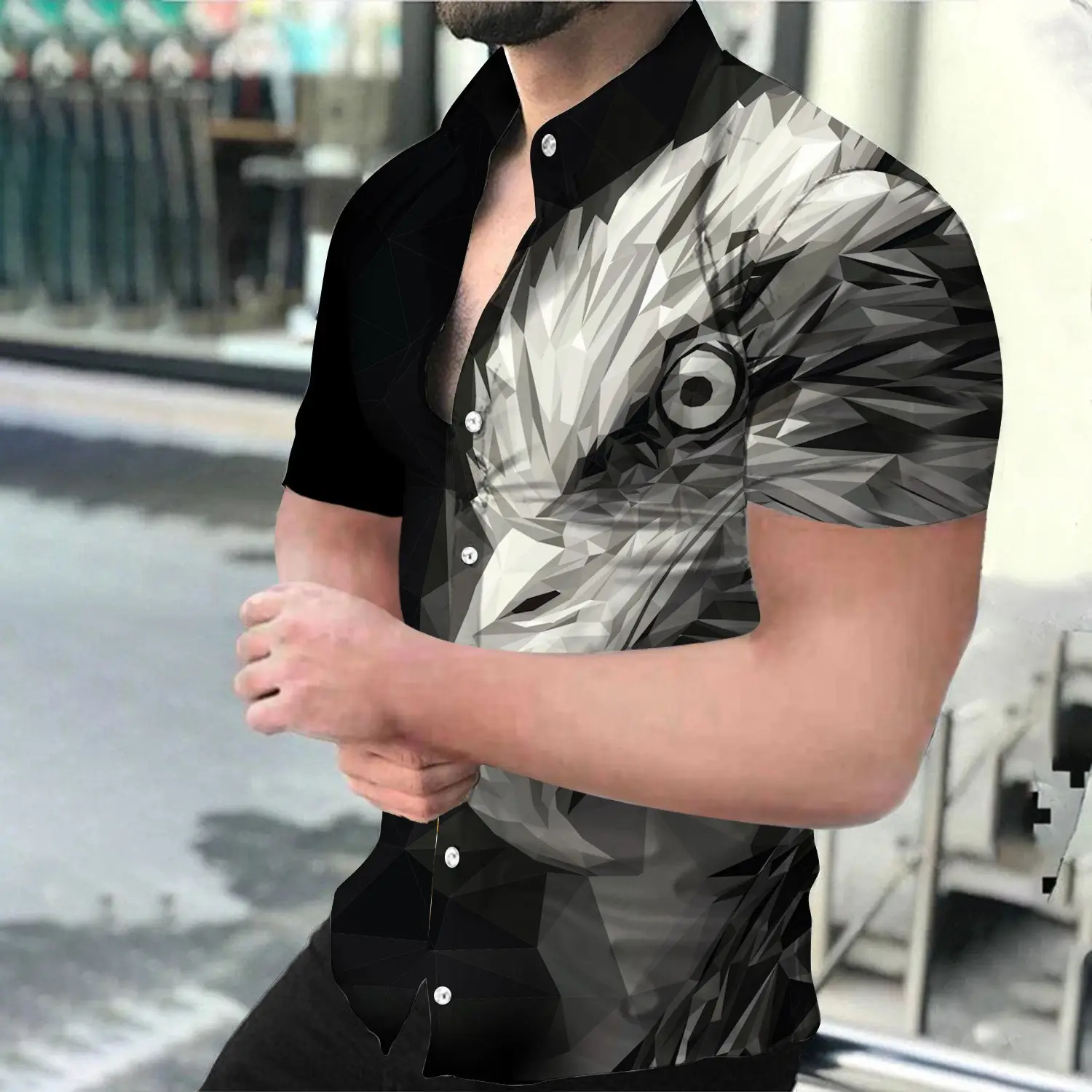 2025 Men's Printed Short Sleeve Shirt Black White Geometric Large