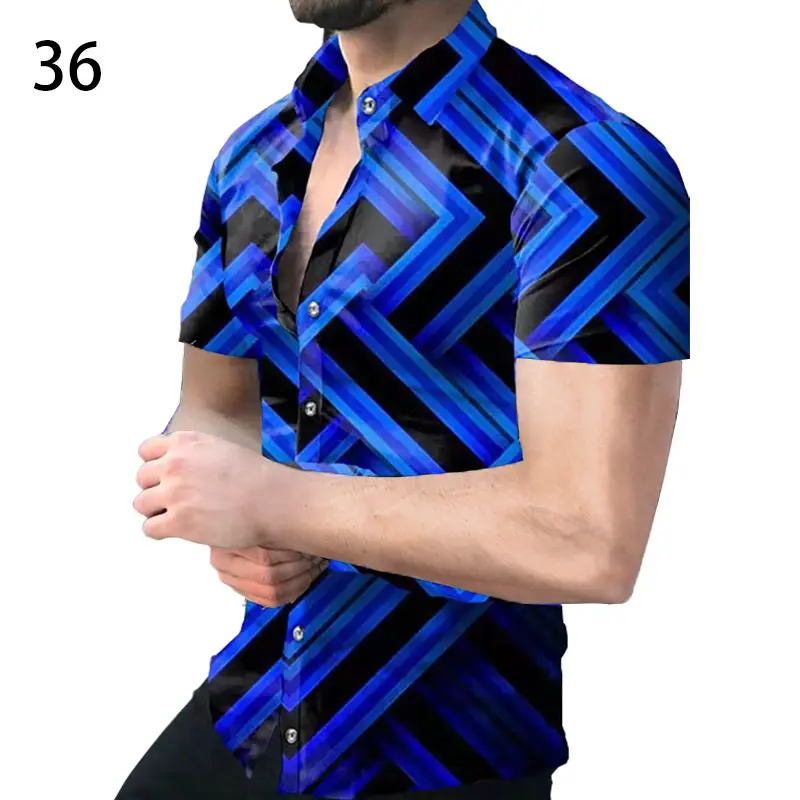 2025 Men's Printed Short Sleeve Shirt Black White Geometric Large