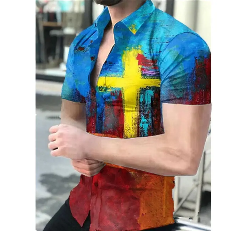 2025 Men's Printed Short Sleeve Shirt Black White Geometric Large