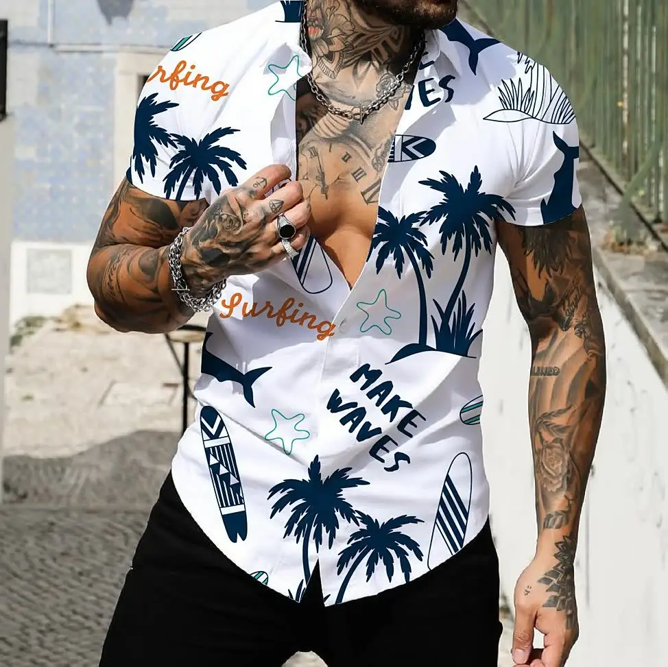2025 Men's Printed Short Sleeve Shirt Black White Geometric Large