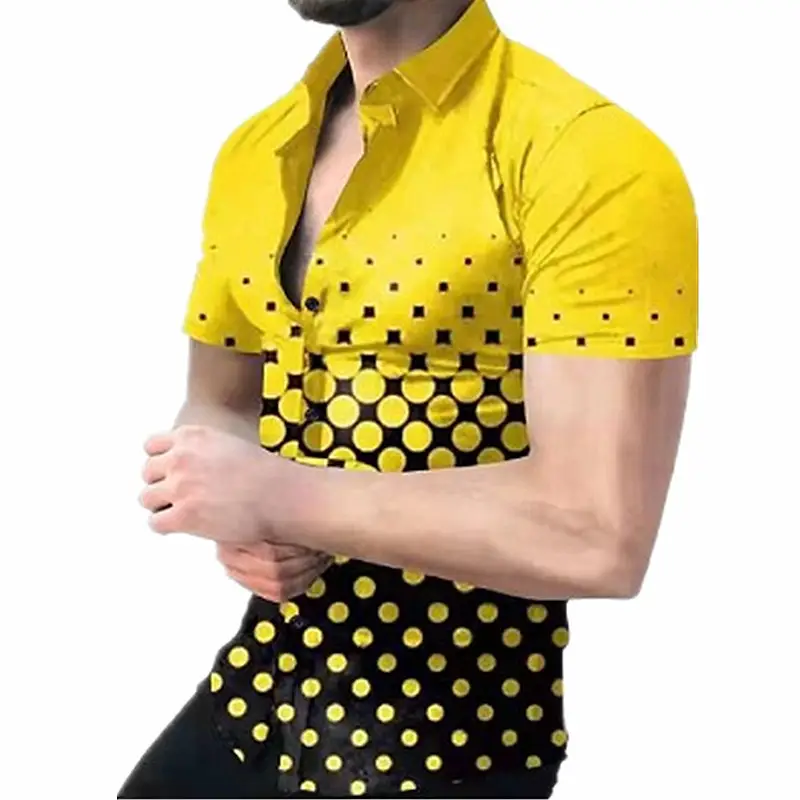 2025 Men's Printed Short Sleeve Shirt Black White Geometric Large