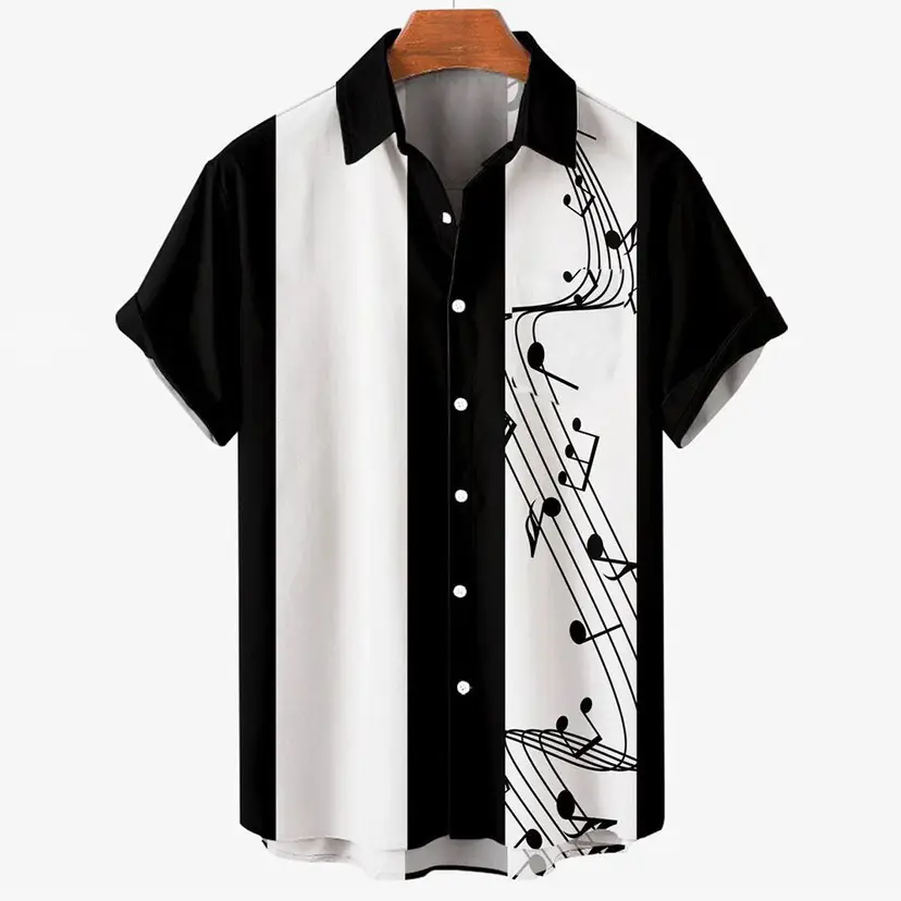 2025 Men's Printed Short Sleeve Shirt Black White Geometric Large