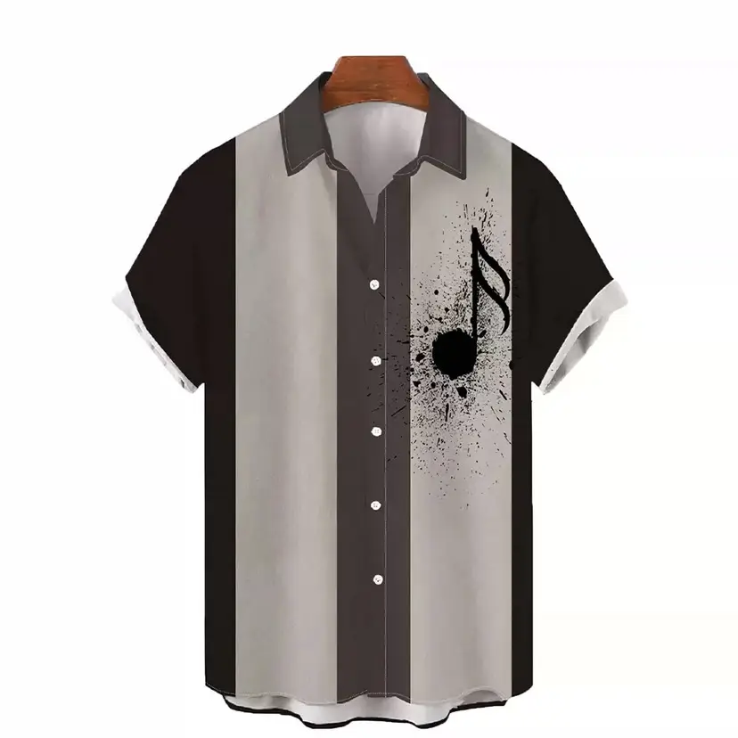 2025 Men's Printed Short Sleeve Shirt Black White Geometric Large