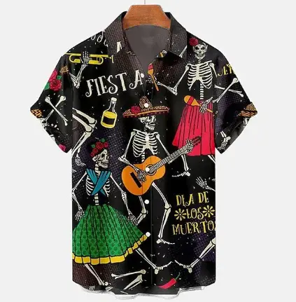 2025 Men's Printed Short Sleeve Shirt Black White Geometric Large