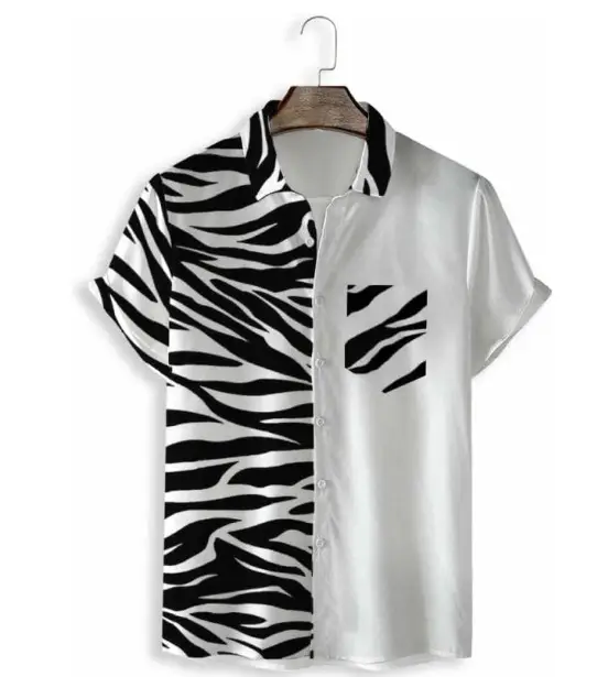 2025 Men's Printed Short Sleeve Shirt Black White Geometric Large
