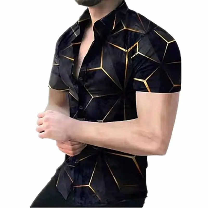 2025 Men's Printed Short Sleeve Shirt Black White Geometric Large