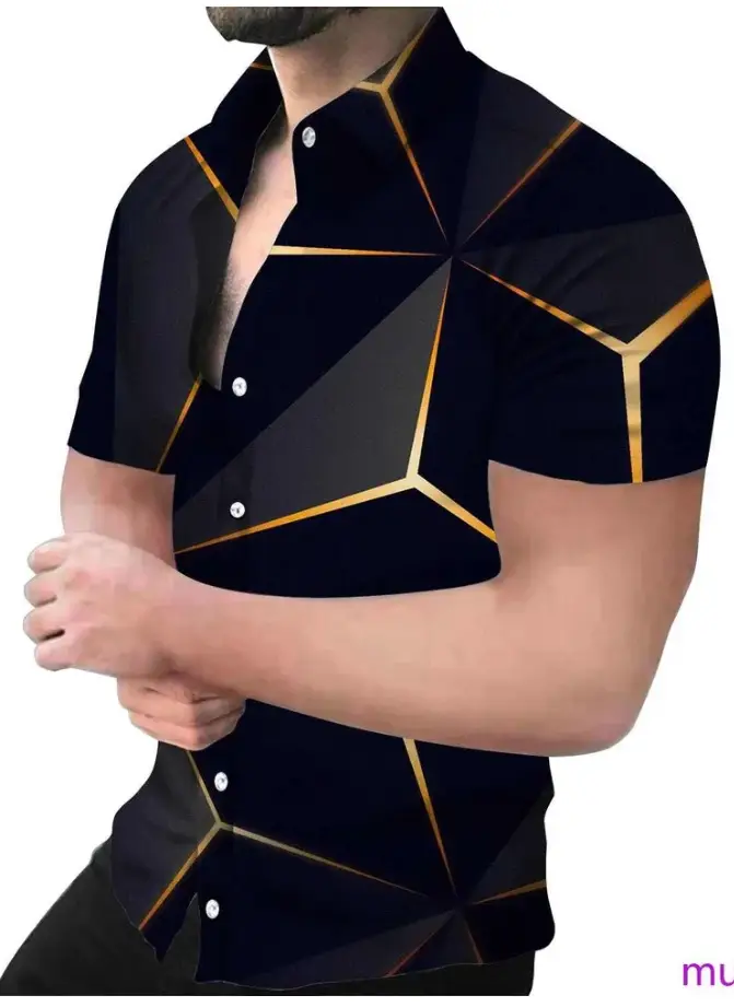 2025 Men's Printed Short Sleeve Shirt Black White Geometric Large
